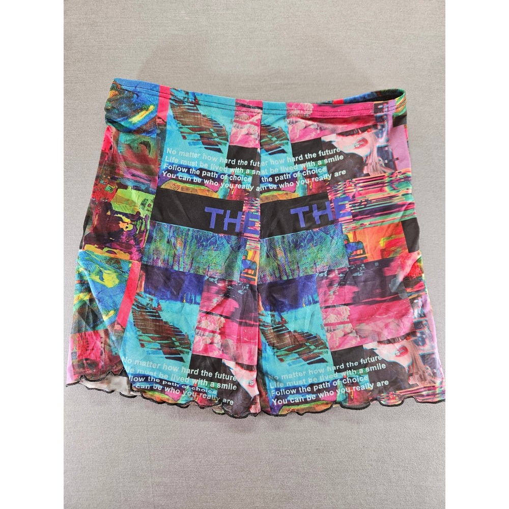 Cyber Glitch Mesh Mini Skirt Y2K Graphic Print Lettuce Hem Rave Streetwear